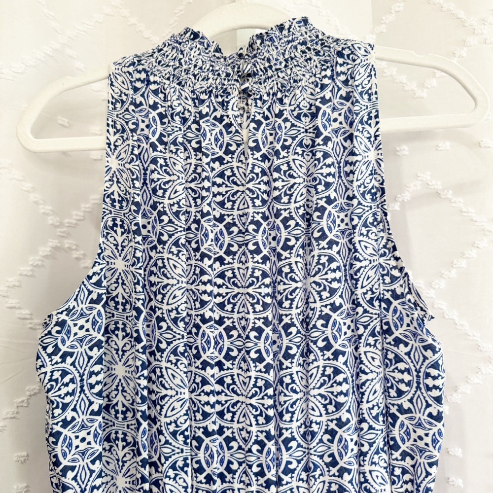 💎 ⭐️ 122. Shoshanna Blue White Silk Dress Size 10 Smocked Collar Elastic Waist - Picture 8 of 11